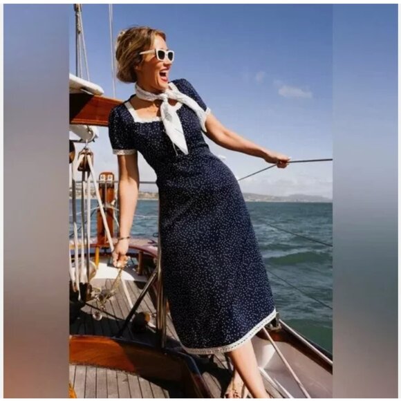 Ivy City Co Libby Dress Blue Polka Dot Retro Midi Pinup Rockabilly 10 large whit - Picture 1 of 5